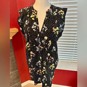 Loft Women’s Black Floral Print Split V-Neck Sleeveless Rayon Blouse‎ Large